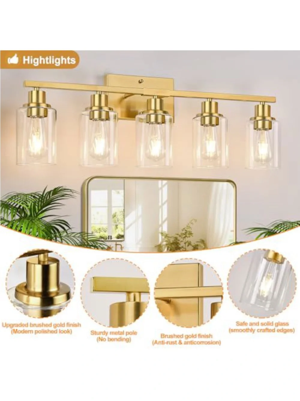 Gold 5-Light Bathroom Vanity Light - Contemporary Clear Glass Shades